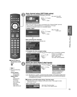 Page 1515
Quick Start Guide
 First Time Setup
 
 Press to return to 
the previous screen
Note
 About broadcasting 
systems
 Analog (NTSC):
     Conventional 
broadcasting
 Digital (ATSC):
     New 
programming 
that allows 
you to view 
more channels 
featuring 
high-quality 
video and sound
Auto channel setup (ANT/Cable setup) Select the connected Antenna in terminalANT/Cable setup
Step 3 of 6
Select “Not used” when viewing TV via
Satellite receiver or Cable box. Note: Select
“Cable” when viewing via Cable DTA...