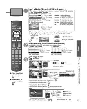 Page 2323
Viewing
  Viewing with VIERA IMAGE VIEWER
 Press to exit from a menu screen
 
 Press to return to 
the previous screen 
Insert a Media (SD card or USB flash memory)
 *  This setting will be skipped next time unless you select “Set later”\
 (SD card only). Set “Image viewer settings” Select “Play image viewer now”
Set later
Image viewer settingsImage viewer auto play
Play image viewer now
 select
 change
 set
Slideshow:   A Slideshow will start 
automatically next time.
Thumbnail:  The “Photos” will be...