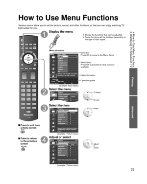 Page 3333
Viewing
Advanced
 How to Use Menu Functions  Displaying PC Screen on TV
How to Use Menu Functions
Various menus allow you to set the picture, sound, and other functions so\
 that you can enjoy watching TV 
best suited for you.
 Press to exit from a menu screen
 Press to return to the previous 
screen
 
Display the menu
  Shows the functions that can be adjusted.  Some functions will be disabled depending on  the type of input signal.
RETURNAdd user label
Menu
Select or enter the name of the device...