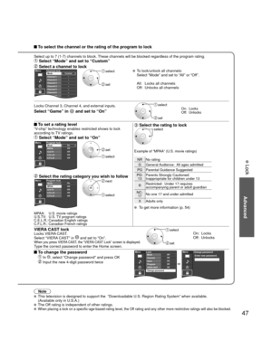 Page 4747
Advanced
 Lock
Note
 This television is designed to support the  “Downloadable U.S. Region\
 Rating System” when available. 
(Available only in U.S.A.)
 The Off rating is independent of other ratings. When placing a lock on a specific-age-based-rating level, the Off rating and any other more restrictive ratings will also be blocked.
 To select the channel or the rating of the program to lock
Select up to 7 (1-7) channels to block. These channels will be blocked regardless of the program rating....