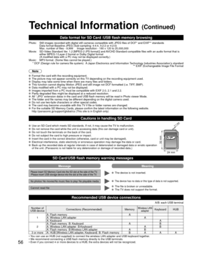 Page 5656
Technical Information (Continued)
Data format for SD Card /USB flash memory browsing
Photo: Still images recorded with digital still cameras compatible with JPEG fi\
les of DCF* and EXIF** standardsData format-Baseline JPEG (Sub-sampling: 4:4:4, 4:2:2 or 4:2:0)
Max. number of files - 9,999     Image resolution - 160 x 120 to 20,000,\
000
Movie: SD-Video Standard Ver. 1.2 [MPEG-2 (PS format)] and AVCHD Standard compatible files with an audio format that is  either MPEG-1/Layer-2 format or Dolby Digital...