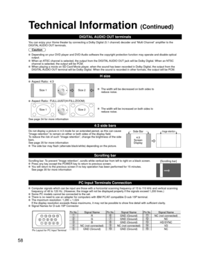 Page 5858
1
678
39
4510 15141312112
Technical Information (Continued)
DIGITAL AUDIO OUT terminals
You can enjoy your Home theater by connecting a Dolby Digital (5.1 chann\
el) decoder and “Multi Channel” amplifier to the 
DIGITAL AUDIO OUT terminals. 
Caution
 Depending on your DVD player and DVD-Audio software the copyright protec\
tion function may operate and disable optical 
output.
 When an ATSC channel is selected, the output from the DIGITAL AUDIO OUT jack will be Dolby Digital. When an NTSC 
channel is...