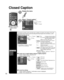 Page 5050
Closed Caption
 Press to exit from a menu screen
Display the menu
Select “Closed caption”
Menu
Primary CC1On
Closed caption
Digital Mode
Analog
Digital setting Reset to defaults
Display broadcast TV’s Closed Caption (CC)
text when available.
 next
 select
Closed caption
Display
Closed 
caption
The television includes a built-in decoder that is capable of providing \
a text display of the audio. 
The program being viewed must be transmitting the Closed caption (CC) \
information. (p. 55)
 Select the...