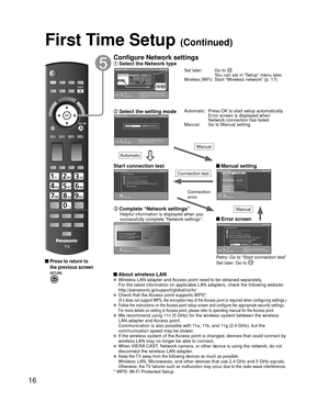 Page 1616
 Press to return to 
the previous screen
Configure Network settings Select the Network type
Network settingsStep 5 of 6
Checks for proper network connection, 
settings and communication to the Internet 
and server automatically.RETURNOK
Select
Automatic Manual
Network settings
Step 5 of 6
Selects Ethernet cable or wireless network. If 
you select  “set later” and want  to repeat the 
Network settings, select  “Network settings” in 
the Setup Menu.
Ethernet cableWireless (WiFi) Set later
RETURNOK...