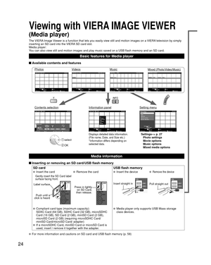 Page 2424
Media information
 Inserting or removing an SD card/USB flash memorySD card USB flash memory
  Insert the card
Gently insert the SD Card label 
surface facing front.
Label surface
Push until a 
click is heard
  Remove the card
Press in lightly  on SD Card, 
then release.
  Insert the device Remove the device 
Insert straight inPull straight out
  Compliant card type (maximum capacity):
  SDXC Card (64 GB), SDHC Card (32 GB), microSDHC  Card (16 GB), SD Card (2 GB), miniSD Card (2 GB), 
microSD Card (2...