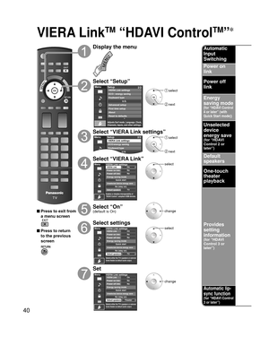 Page 4040
VIERA LinkTM “HDAVI ControlTM”
 Press to exit from a menu screen
 Press to return to the previous 
screen
Display the menu
Select “Setup”
Menu
Adjusts Surf mode, Language, Clock,
Channels, Inputs, and other settings.
Setup 2/2
Advanced setupFirst time setup
About
Reset to defaults VIERA Link settings
ECO / energy savingKeyboard typeU.S.
 select
 next
Select “VIERA Link settings”Setup
Menu 2/2
Keyboard type
VIERA Link settings
ECO/energy saving
U.S.
 select
 next
Select “VIERA Link”
OnNoNo
TV
Quick...