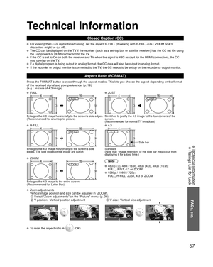 Page 5757
FAQs, etc.
 Technical Information Ratings List for Lock
Technical Information
Closed Caption (CC)
 For viewing the CC of digital broadcasting, set the aspect to FULL (If viewing with H-FILL, JUST, ZOOM or 4:3; 
characters might be cut off).  
 The CC can be displayed on the TV if the receiver (such as a set-top box or satellite receiver) has t\
he CC set On using 
the Component or HDMI connection to the TV.  
 If the CC is set to On on both the receiver and TV when the signal is 480i (except for the...