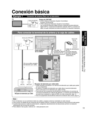 Page 1111
Guía de inicio rápido
 Conexión básica (Antena + TV) Accesorios/Accesorio  opcional
Para conectar la terminal de la antena y la caja de cables
ANT OUTANT IN
VIDEO
AUDIO
R
PR
PB
Y
L
H
VIDEO
AUDIO
R
PR
PB
Y
L
H
Conexión básica
Nota
   Con el televisor no se suministran todos los cables y equipos externos m\
ostrados en este manual.   Para conocer los detalles de las conexiones de los equipos externos, con\
sulte los manuales de instrucciones de cada equipo. Cuando desconecte el cable de alimentación,...