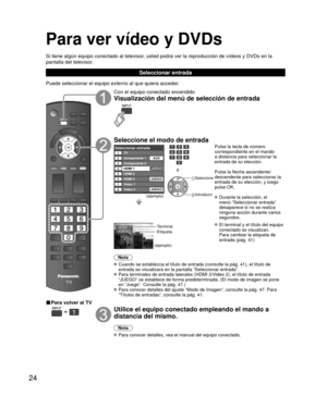 Page 2424
Para ver vídeo y DVDs
Si tiene algún equipo conectado al televisor, usted podrá ver la reproducción de vídeos y DVDs en la 
pantalla del televisor.
Seleccionar entrada
Puede seleccionar el equipo externo al que quiera acceder. 
■ Para volver al TV
  
Con el equipo conectado encendido
Visualización del menú de selección de entrada
Seleccione el modo de entrada
Seleccionar entradaTV12345678
Componente 1
Componente 2
HDMI 1
HDMI 2
HDMI 3
Video 1
Video 2AUX
JUEGO
JUEGO
JUEGO
(ejemplo)
ó
 Seleccione...