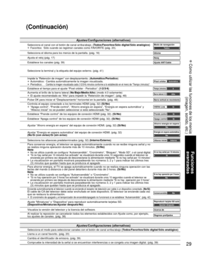 Page 2929
Funciones 
avanzadas
 Cómo utilizar las funciones de los menús (imagen, sonido, etc.)
Ajustes/Configuraciones (alternativas)
Selecciona el modo para seleccionar canales con el botón de canal arr\
iba/abajo  (Todos/Favoritos/Sólo digital/Sólo analógico)
Llama a un canal favorito. (pág. 20)
Cambia el identificador de emisora. (pág. 39)
Compruebe la intensidad de la señal si se encuentran interferencias o\
 se congela una imagen digital. (pág. 39)
Ajustes/Configuraciones (alternativas)
Selecciona el...