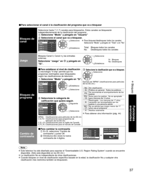 Page 3737
Funciones 
avanzadas
 Bloqueo
■ Para seleccionar el canal ó la clasificación del programa que va a\
 bloquear
Bloqueo de 
canal
Seleccione hasta 7 (1-7) canales para bloquearlos. Estos canales se bl\
oquearán 
independientemente de la clasificación del programa. 
 Seleccione “Modo” y póngalo en “Usuario”
 Seleccione el canal que va a bloquear.
Usuario
3
4
-
-
-
Bloquear canalModo
Canal 1
Canal  2
Canal  3
Canal  4
Canal  5 Seleccione 
 Establezca
 Para bloquear/desbloquear todos los canales:...