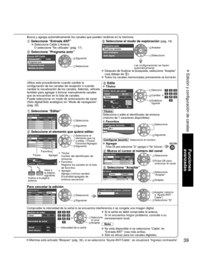 Page 3939
Funciones 
avanzadas
 Edición y configuración de canales
Busca y agrega automáticamente los canales que pueden recibirse en la\
 memoria.
 Seleccione “Entrada ANT”    Seleccione Cable ó Antena 
O seleccione “No utilizado” (pág. 17). 
 Seleccione “Programa auto”
Sl i
CableAjuste ANT/CableEntrada ANT
Programa auto
Programa manual
Medidor de señal Siguiente
 Seleccione
 Seleccione el modo de exploración (pág. 18)
Programa autoTodos los canales
Sólo analógico
Sólo digital Aceptar
 Seleccione
Las...