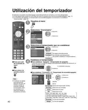 Page 4242
Utilización del temporizador 
El televisor se puede encender/apagar automáticamente en la fecha y a\
 la hora designadas. El reloj deberá estar puesto en hora antes de hacer los ajustes de la\
 hora de encendido/apagado. (pág. 17) El cronómetro de apagado y el temporizador de encendido/apagado no fu\
ncionará si se establece “Autoencendido”. (pág. 28)
■ Pulse para salir 
de la pantalla de 
menú
■ Para volver a la 
pantalla anterior
Nota
 El televisor se apaga automáticamente 
después de pasar 90...