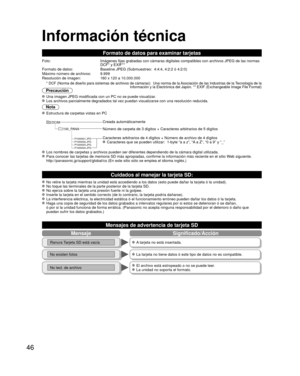 Page 4646
Información técnica 
MensajeSignificado/Acción
Ranura Tarjeta SD está vacía A tarjeta no está insertada.
No existen fotos La tarjeta no tiene datos ó este tipo de datos no es compatible.
No lect. de archivo El archivo está estropeado o no se puede leer. La unidad no soporta el formato.
Formato de datos para examinar tarjetas
Foto:Imágenes fijas grabadas con cámaras digitales compatibles con arch\
ivos JPEG de las normas 
DCF* y EXIF**
Formato de datos: Baseline JPEG (Submuestreo:  4:4:4, 4:2:2 ó...