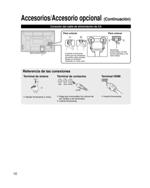 Page 1010
Accesorios/Accesorio opcional (Continuación)
Conexión del cable de alimentación de CA
Terminal de antena Terminal de contactosTerminal HDMI
verdeazulrojo
verde
 Apriete firmemente a mano. Haga que concuerden los colores de las clavijas y las terminales.
 Inserte firmemente.
 Inserte firmemente.
Referencia de las conexiones
Para colocar Para colocar
Insértelo firmemente 
hasta que las lengüetas 
de ambos lados queden 
fijadas en posición 
haciendo un ruido seco. Mantenga 
presionados los dos 
cierres...