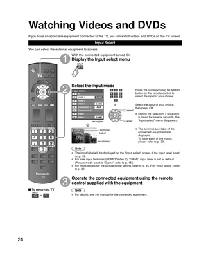 Page 2424
Watching Videos and DVDs
If you have an applicable equipment connected to the TV, you can watch videos and DVDs on the TV screen.
Input Select
You can select the external equipment to access.
 To return to TV
  
With the connected equipment turned On
Display the Input select menu
Select the input mode
Input selectTV12345678
HDMI 1
HDMI 2
HDMI 3
Video 1
Video 2GAME
GAME
Component 1
Component 2
AUX
GAME
(example)
or
 select
 enter
Press the corresponding NUMBER 
button on the remote control to 
select...