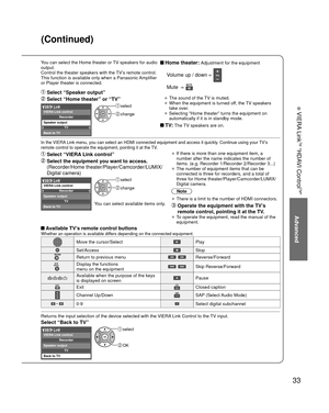 Page 3333
Advanced
 VIERA Link
TM “HDAVI Control
TM”
You can select the Home theater or TV speakers for audio 
output.
Control the theater speakers with the TV’s remote control.
This function is available only when a Panasonic Amplifier 
or Player theater is connected. Home theater: Adjustment for the equipment
  Volume up / down  
 Mute   
• The sound of the TV is muted.
• When the equipment is turned off, the TV speakers 
take over.
• Selecting “Home theater” turns the equipment on 
automatically if it is in...