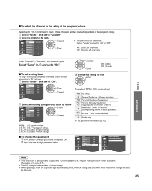 Page 3535
Advanced
 Lock
Note
 This television is designed to support the  “Downloadable U.S. Region\
 Rating System” when available. 
(Available only in U.S.A.)
 The Off rating is independent of other ratings. When placing a lock on a specific-age-based-rating level, the Off rating and any other more restrictive ratings will also 
be blocked.
 To select the channel or the rating of the program to lock.
Select up to 7 (1-7) channels to block. These channels will be blocked regardless of the program rating....