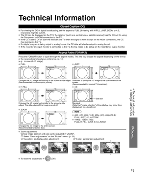 Page 4343
FAQs, etc.
 Technical Information Ratings List for Lock
Technical Information
Closed Caption (CC)
 For viewing the CC of digital broadcasting, set the aspect to FULL (If viewing with H-FILL, JUST, ZOOM or 4:3; 
characters might be cut off).  
 The CC can be displayed on the TV if the receiver (such as a set-top box or satellite receiver) has t\
he CC set On using 
the Component or HDMI connection to the TV.  
 If the CC is set to On on both the receiver and TV when the signal is 480i (except for the...