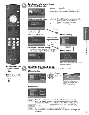 Page 1615
Getting started
 First Time Setup
 Press to exit from a menu screen
 
 
■Press to go back to 
the previous screen
Configure  Network settings Select the Network type
Network settings
Step 6 of 7
RETURNOK
Select
Automatic Manual
Checks for proper network connection, settings and 
communication to the Internet and server 
automatically.
 Select the setting mode
Network settings
Connection test Step 6 of 7
Check Ethernet cable connection
Validate IP address
Check for IP address duplication
Check...