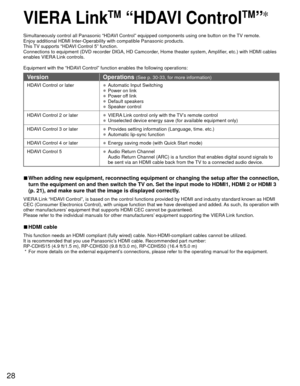 Page 2928
 VIERA LinkTM  “HDAVI ControlTM”
Simultaneously control all Panasonic “HDAVI Control” equipped components using one button on the TV remote.
Enjoy additional HDMI Inter-Operability with compatible Panasonic produc\
ts.
This TV supports “HDAVI Control 5” function.
Connections to equipment (DVD recorder DIGA, HD Camcorder, Home theater system, Amplifier, etc.) with HDMI cables 
enables VIERA Link controls.
Equipment with the “HDAVI Control” function enables the following operations:
VersionOperations...