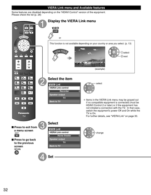 Page 3332
 VIERA Link menu and Available features
Some features are disabled depending on the “HDAVI Control” version of the equipment. 
Please check the list (p. 28)
 Press to exit from a menu screen
 Press to go back to the previous 
screen
Display the VIERA Link menu
or
This function is not available depending on your country or area you sel\
ect. (p. 13)
 select
 next
(example)
Select the item
Recorder
TV
VIERA Link control
Speaker output
Back to TV
select
• Items in the VIERA Link menu may be grayed out...