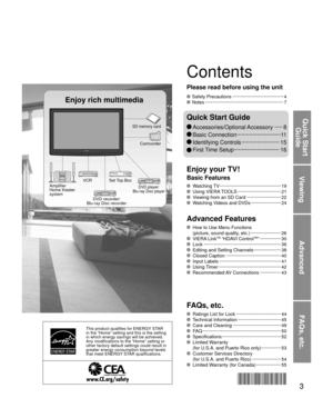 Page 33
Viewing
Advanced
FAQs, etc.
Quick Start Guide
This product qualifies for ENERGY STAR 
in the “Home” setting and this is the setting 
in which energy savings will be achieved. 
Any modifications to the “Home” setting or 
other factory default settings could result in 
greater energy consumption beyond levels 
that meet ENERGY STAR qualifications.
 Watching TV  ··················\
··················\
··········· 19 Using VIERA TOOLS ··················\
··············· 21  Viewing from an SD Card...