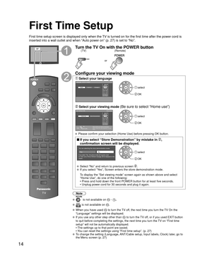 Page 1414
First Time Setup
First time setup screen is displayed only when the TV is turned on for the first time after the power cord is 
inserted into a wall outlet and when “Auto power on” (p. 27) is \
set to “No”.
orTurn the TV On with the POWER button
or
(Remote)
(TV)
Configure your viewing mode
 Select your languageLanguage / Idioma / Langue
English Español Français select
 OK
 Select your viewing mode (Be sure to select “Home use”)Set viewing mode
Step 2 of 6
Please select your viewing environment.
Select...