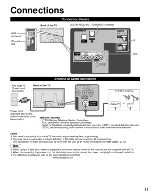 Page 1111
BC
A
 Connections
Connection Panels
Power Cord
(Connect after all the 
other connections have 
been made.)VHF/UHF Antenna
•  NTSC (National Television System Committee):
ATSC (Advanced Television Systems Committee):
Digital TV Standards include digital high-definition television (HDTV), standa\
rd-definition television 
(SDTV), data broadcasting, multi-channel surround sound audio and inte\
ractive television.
Back of the TV
Cable TV
VHF/UHF Antenna
or
*  See page 10 
(Power cord 
connection)...