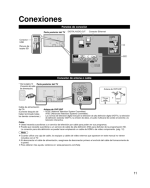 Page 1111
 Conexiones
Paneles de conexión
Cable de alimentación 
de CA
(Conecte después de 
haber terminado todas 
las demás conexiones.)Antena de VHF/UHF
•  NTSC (National Television System Committee):
ATSC (Advanced Television Systems Committee):
Las normas de televisión digital incluyen la televisión de alta de\
finición digital (HDTV), la televisión 
de definición estándar (SDTV), la emisión de datos, el audio \
multicanal de sonido envolvente y la 
televisión interactiva.
Parte posterior del TV
TV...