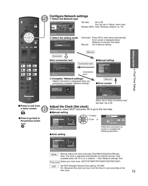 Page 1515
Getting started
 First Time Setup
 Press to exit from a menu screen
 
 
■Press to go back to 
the previous screen
Configure  Network settings Select the Network type
Network settings
Step 6 of 7
RETURNOK
Select
Automatic Manual
Checks for proper network connection, settings and 
communication to the Internet and server 
automatically.
Network settings
Step 6 of 7
Ethernet cableWireless(Wifi) Set later
ReturnOK
Select
Select Ethernet cable of wireless network.
 Select the setting mode
Network settings...