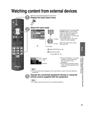 Page 2121
Basic
  Watching content from external devices Using VIERA TOOLS
With the connected equipment turned On
Display the  Input select menu
Select the input mode
Input selectANT/Cable In12345
HDMI 1
HDMI 2
VideoGAME
Component
AUX
Not used
(example)
Input label
or
 select
 enter
  Setup ANT/Cable (p. 42)
  Edit Device labels 
 Input labels (p. 48) (shortcut) press the corresponding 
NUMBER button on the remote 
control to select the input of your 
choice. Or, press the INPUT 
button repeatedly, to cycle...