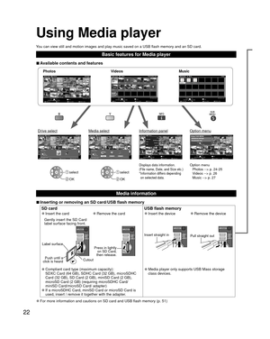 Page 2222
Using  Media player
You can view still and motion images and play music saved on a USB flash \
memory and an SD card.
Basic features for Media player
 
■Available contents and features
Option menu
Photos --> p. 24-25
Videos --> p. 26
Music --> p. 27Displays data information.
(File name, Date, and Size etc.)
* Information differs depending 
on selected data. select
 OK
 select
 OK
Photossotohp llA
Photos
           reyalpaideM
Media select
Slideshow Drive selectInfo
SD memory card
OK
Select
RETURNSort...