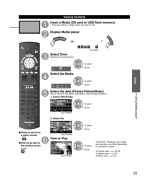 Page 2323
Basic
  Using Media player
 Viewing Contents
 
■Press to exit from 
a menu screen
 
■Press to go back to 
the previous screen 
Insert a Media (SD card or USB flash memory)•  Auto play setting  Image viewer auto play (p. 48)
Display Media player
(example)
or
Select Drive(Display connected drive)
Media player
SD memory card Drive selectOK
RETURN Select
 select
 OK
Select the Media
Media player
Photos Videos MusicSD memory card Media selectOK
RETURN Select
 select
 OK
Select the data...