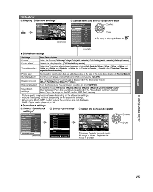 Page 2525
Basic
  Using Media player
 Slideshow
 Display “Slideshow settings”sotohp llA
otohP           reyalP aideM
Media select
Slideshow Drive selectInfo
SD memory card
OK
Select
RETURNSort
SUB MENU
Select
Change RETURN
OffOffOffNormalOffNormalOn
Slideshow settingsFrameStart Slideshow
Photo effect
Transition effectPhoto sizeBurst playbackDisplay intervalRepeat playbackSoundtrack settings
(example)
 Adjust items and select “Slideshow start”
(example)
Select
Change RETURN
OffOffOffNormalOffNormalOn
Slideshow...