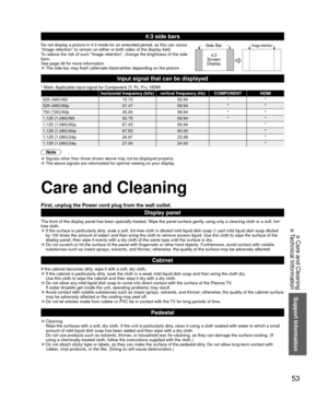 Page 5353
Support Information
 Care and Cleaning
 Technical Information
 4:3 side bars
Do not display a picture in 4:3 mode for an extended period, as this can\
 cause 
“Image retention” to remain on either or both sides of the display\
 field.
To reduce the risk of such “Image retention”, change the brightness\
 of the side 
bars.
See page 48 for more information
 
●The side bar may flash (alternate black/white) depending on the pictur\
e.
Side Bar
4:3
Screen
DisplayImage retention
Input signal that can be...