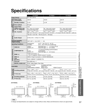 Page 5757
Support Information
 Specifications
 Frequently Asked Questions (FAQ)
TC-P42X3TC-P46X3 TC-P50X3
Power Source AC 120 V
 , 60 HzPower
ConsumptionRated Power 
Consumption199 W                                         199 W
 262 W
Standby condition 0.2 W 0.2 W0.2 W
Plasma Display 
panelDrive methodAC type
Aspect Ratio 16:9
Visible screen size
(W × H × Diagonal)
(No. of pixels)  42 ” class (41.6 inches 
measured diagonally)
46 ” class (46.0 inches
measured diagonally)50 ” class (49.9 inches 
measured...