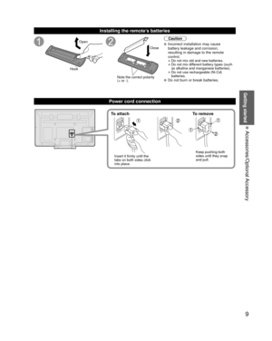 Page 99
Getting started
 Accessories/Optional Accessory
 Installing the remote’s batteries
Open
Hook
Note the correct polarity
(+ or -). Close
Caution
 Incorrect installation may cause 
battery leakage and corrosion, 
resulting in damage to the remote 
control.
• Do not mix old and new batteries.
• Do not mix different battery types (such 
as alkaline and manganese batteries).
• Do not use rechargeable (Ni-Cd) batteries.
 Do not burn or break batteries.
Power cord connection
To attach To remove
Insert it...