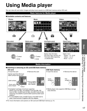 Page 1717
Basic
  Using Media player Watching TV / 
 Watching content from external devices
Using  Media player
You can view still and motion images and play music saved on a USB flash \
memory and an SD card.
Basic features for Media player
 
■Available contents and features
Option menu
Photos --> p. 19-20
Videos --> p. 21
Music --> p. 21Displays data information.
(File name, Date, and Size, etc.)
* Information differs depending 
on selected data. select
 OK
 select
 OK
Photos
OPTIONSD Card
EXIT
Select RETURN...