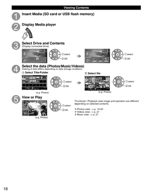 Page 1818
 Viewing Contents
Insert Media (SD card or USB flash memory)
Display Media player
SD/USB
Select Drive and Contents(Display connected drive)
 
Media player
 
Drive select
 
SD Card 
EXIT
  Select
  RETURN
 Access
 select
 OK
 
Media player
Photos Music Videos
 
Media select 
SD Card  EXIT
  Select
  RETURN
 Access
 select
 OK
Select the data (Photos/Music/Videos)Viewing of data differs depending on data storage conditions.
 Select Title/Folder
OPTION
2010/10/23
2010/11/24 2010/10/25
2010/12/012010/1...