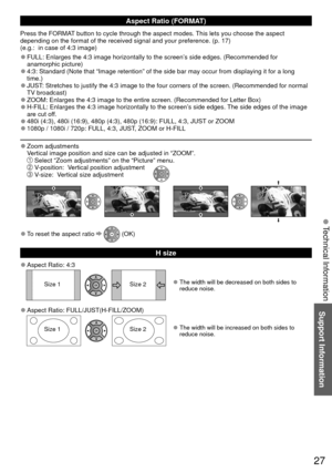 Page 2727
 Aspect Ratio (FORMAT)
Press the FORMAT button to cycle through the aspect modes. This lets you choose the aspect 
depending on the format of the received signal and your preference. (p.\
 17) 
(e.g.:  in case of 4:3 image)
 
●FULL: Enlarges the 4:3 image horizontally to the screen’s side edges. (Recommended for 
anamorphic picture)
 
●4:3: Standard (Note that “Image retention” of the side bar may oc\
cur from displaying it for a long 
time.)
 
●JUST: Stretches to justify the 4:3 image to the four...