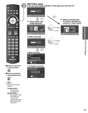 Page 1313
Getting started
 First Time Setup
 
 Press to exit from a menu screen
 
 Press to go back to 
the previous screen
Note
 About broadcasting  systems
 Analog (NTSC):
     Conventional 
broadcasting
 Digital (ATSC):
     New programming 
that allows you 
to view more 
channels featuring 
high-quality video 
and sound
   ANT/Cable setup Do you use a Cable, Satellite or Fiber Optic box with this TV?
ANT/Cable setup
Step 4 of 7
Antenna/Cable in
VIDEO IN
Antenna
Cable In
Which wiring method is used to...