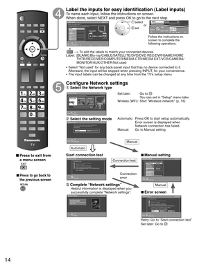 Page 1414
 
 Press to exit from a menu screen
 
 
■Press to go back to 
the previous screen
Label the inputs for easy identification (Label inputs)To name each input, follow the instructions on screen.
When done, select NEXT and press OK to go to the next step.
Label inputs
Step 5 of 7What is connected to HDMI 1 ?
For your convenience, you may name each input for easy identification.
The labels will be shown in the “Input select” menu. 
HDMIVideo
PC
Next HDMI 1
HDMI 2
HDMI 3
HDMI 4
Component
Customize...