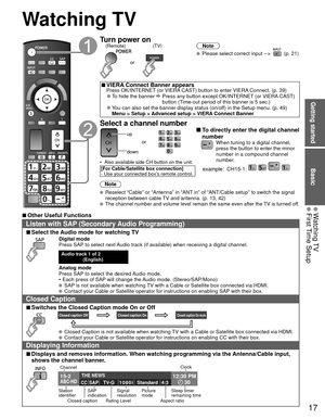 Page 1717
Getting started
Basic
 Watching TV First Time Setup
 Watching TV
Turn power on(TV)
or
(Remote)Note
  Please select correct input -->  (p. 21)
 
■VIERA Connect Banner appearsPress OK/INTERNET (or VIERA CAST) button to enter VIERA Connect. (p. 39) 
●To hide the banner   Press any button except OK/INTERNET (or VIERA CAST) 
button (Time-out period of this banner is 5 sec.)
 
●You can also set the banner display status (on/off) in the Setup menu. (p. 49)
Menu > Setup > Advanced setup > VIERA Connect Banner...