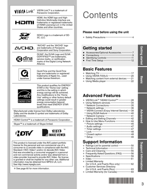 Page 33
Basic
Advanced
Support Information
Getting started
VIERA Link™ is a trademark of 
Panasonic Corporation.
HDMI, the HDMI logo and High-
Definition Multimedia Interface are 
trademarks or registered trademarks 
of HDMI Licensing LLC in the United 
States and other countries.
SDXC Logo is a trademark of SD-
3C, LLC.
“AVCHD” and the “AVCHD” logo 
are trademarks of Panasonic 
Corporation and Sony Corporation.
DLNA®, the DLNA Logo and DLNA 
CERTIFIED™ are trademarks, 
service marks, or certification 
marks...