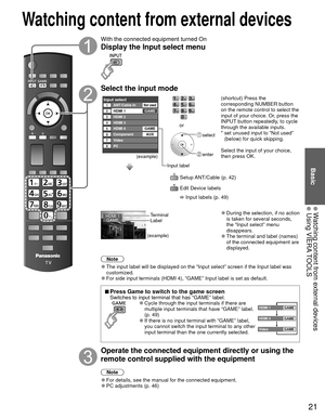 Page 2121
Basic
 Watching content from external devices Using VIERA TOOLS
With the connected equipment turned On
Display the  Input select menu
Select the input mode
Input selectANT/Cable In12345678
HDMI 1
HDMI 2
HDMI 3
Video
PCGAME
HDMI 4
Component
AUX
GAME
Not used
(example)
Input label
 select
 enter
or
  Setup ANT/Cable (p. 42)
  Edit Device labels 
 Input labels (p. 49) (shortcut) Press the 
corresponding NUMBER button 
on the remote control to select the 
input of your choice. Or, press the 
INPUT button...