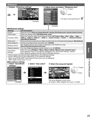 Page 2525
Basic
  Using Media player
 Slideshow
 Display “Slideshow settings”sotohp llA
otohP           reyalP aideM
Media select
Slideshow Drive selectInfo
SD memory card
OK
Select
RETURNSort
SUB MENU
Select
Change RETURN
OffOffOffNormalOffNormalOn
Slideshow settingsFrameStart Slideshow
Photo effect
Transition effectPhoto sizeBurst playbackDisplay intervalRepeat playbackSoundtrack settings
(example)
 Adjust items and select “Slideshow start”
(example)
Select
Change RETURN
OffOffOffNormalOffNormalOn
Slideshow...