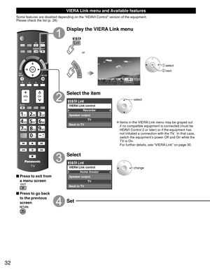 Page 3232
 VIERA Link menu and Available features
Some features are disabled depending on the “HDAVI Control” version of the equipment. 
Please check the list (p. 28)
 Press to exit from a menu screen
 Press to go back to the previous 
screen
Display the VIERA Link menu
or
 select
 next
Select the item
Recorder
TV
VIERA Link control
Speaker output
Back to TV
select
 
●Items in the VIERA Link menu may be grayed out 
if no compatible equipment is connected (must be 
HDAVI Control 2 or later) or if the equipment...