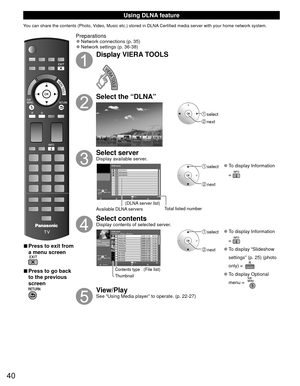 Page 4040
Using  DLNA feature
You can share the contents (Photo, Video, Music etc.) stored in DLNA Certified media server with your home network system.
 
■Press to exit from 
a menu screen
 
■Press to go back 
to the previous 
screen
Preparations 
●Network connections (p. 35)  
●Network settings (p. 36-38)
Display VIERA TOOLS
Select the “DLNA”
 select
 next
Select serverDisplay available server.
DLNA server
 
RETURN
SERVER1
A5g SERVER2
SERVER3
3Info
OK
Select
SUB
MENU
Available DLNA servers Total listed...