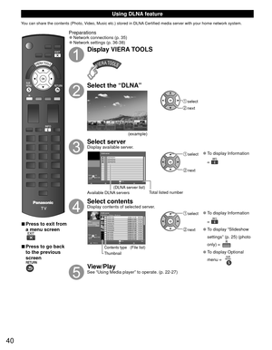 Page 4040
Using  DLNA feature
You can share the contents (Photo, Video, Music etc.) stored in DLNA Certified media server with your home network system.
 
■Press to exit from 
a menu screen
 
■Press to go back 
to the previous 
screen
Preparations 
●Network connections (p. 35)  
●Network settings (p. 36-38)
Display VIERA TOOLS
Select the “DLNA”
(example)
 select
 next
Select serverDisplay available server.
DLNA server
 
RETURN
SERVER1
A5g SERVER2
SERVER3
3Info
OK
Select
SUB
MENU
Available DLNA servers Total...